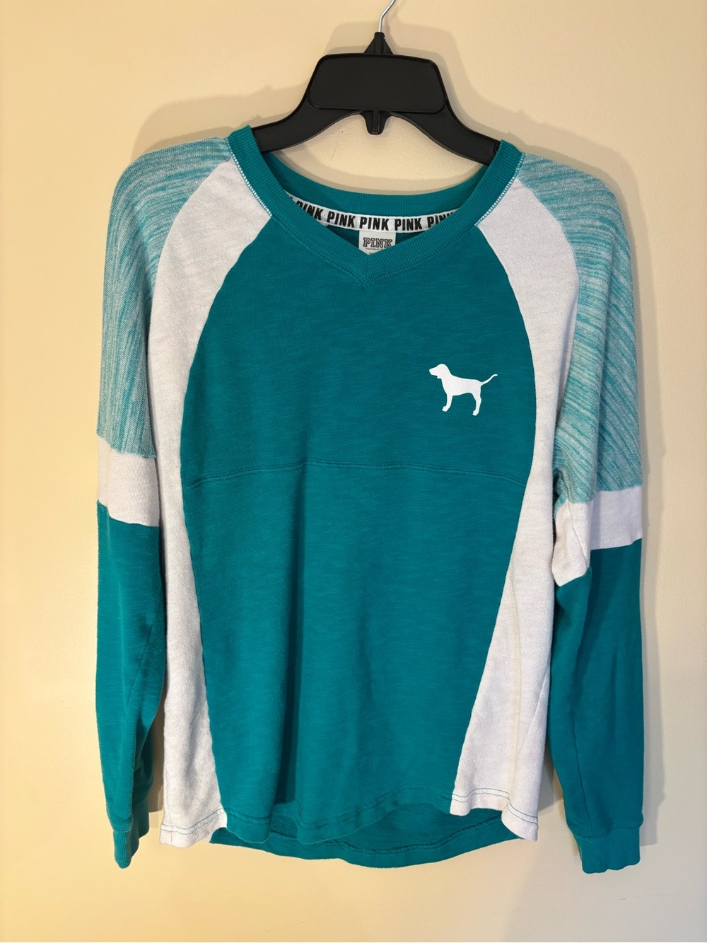 PINK Victoria's Secret Teal and White Colorblock Raglan Sweatshirt